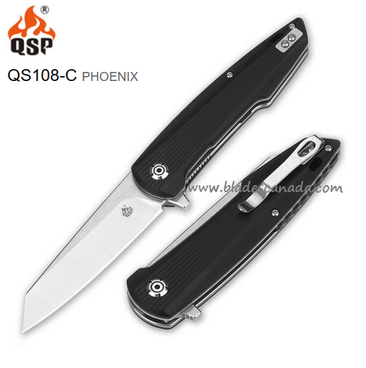 QSP Pheonix Flipper Folding Knife, D2 Two-Tone, G10 Black, QS108-C